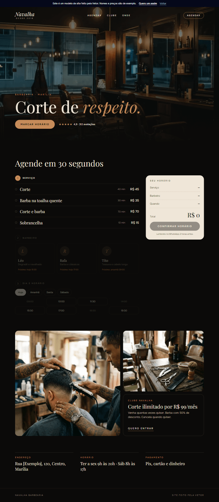 Prévia do modelo de site para barbearia