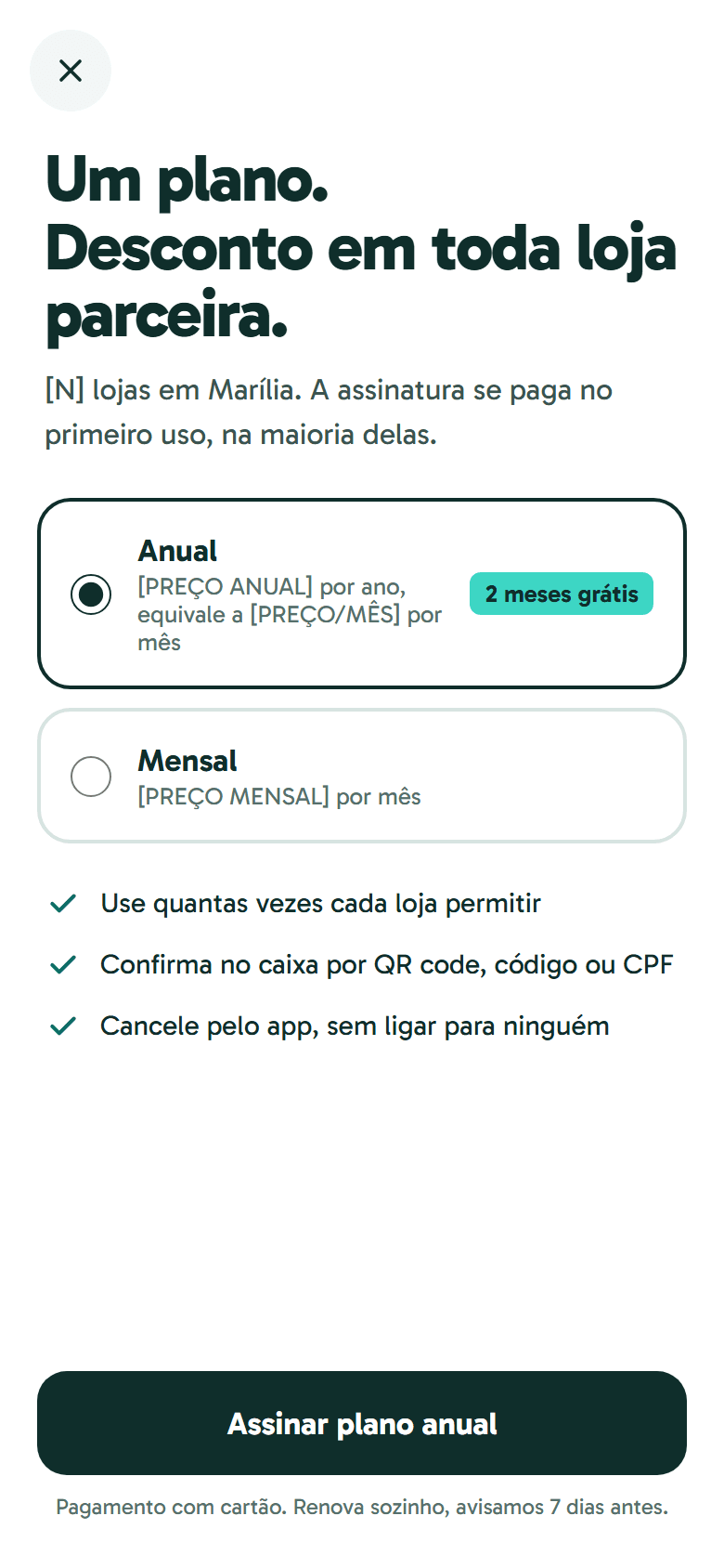 Tela de assinatura com planos anual e mensal