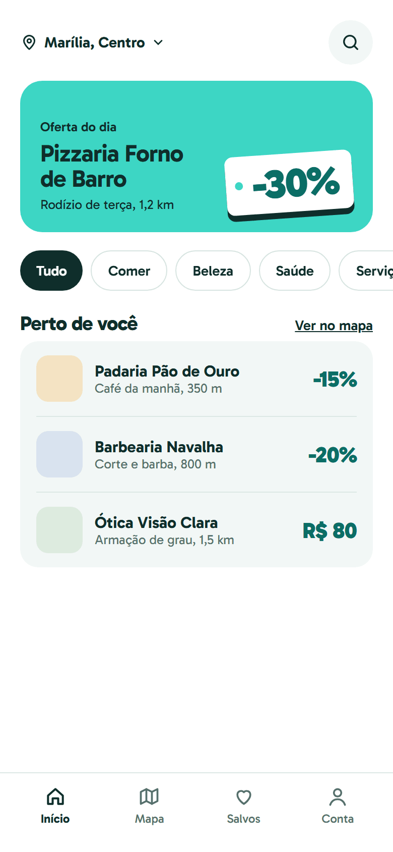 Tela inicial do Descontaí com a oferta do dia e lojas perto