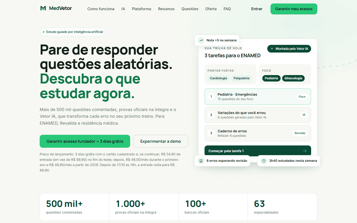 Página inicial do MedVetor com a trilha de estudo do dia
